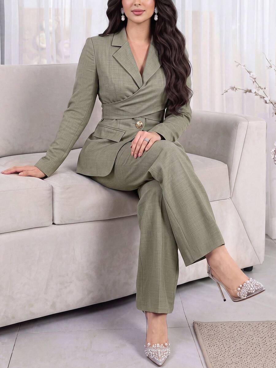 Feyla Setelan Jas Baru Gaya Prancis dengan Desain Unik, Celana Panjang Model Mengembang dengan Ikat Pinggang Ramping, Cocok untuk Perjalanan Sehari-hari, Serbaguna, dan Elegan, Warna Hijau Muda. - Hijau - View 1