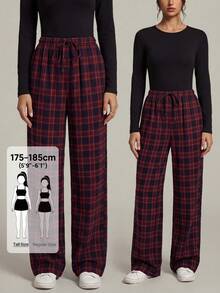 SHEIN Tall 高個女款格子印花抽繩腰帶斜口袋寬鬆休閒寬腿長褲，秋冬款 - 紅色 - 查看 1