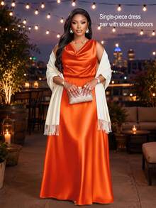 SOLERSUN Plus Size Women's Elegant Party Dress For Women, Suitable For Important Occasions Such As Birthday Parties, Graduation Season, Afternoon Tea, Thanksgiving, And Wedding Season. Features Include A Draped Neckline, Sleeveless Design, High Waist, A-Line Silhouette, And Extra-Long Length. Made From Satin/Silk-Like Material, Perfect For Summer. - Orange - View 1