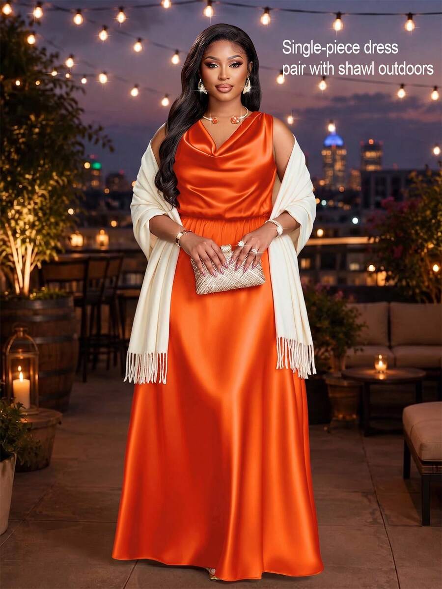 SOLERSUN Plus Size Women's Elegant Party Dress For Women, Suitable For Important Occasions Such As Birthday Parties, Graduation Season, Afternoon Tea, Thanksgiving, And Wedding Season. Features Include A Draped Neckline, Sleeveless Design, High Waist, A-Line Silhouette, And Extra-Long Length. Made From Satin/Silk-Like Material, Perfect For Summer. - Orange - View 1