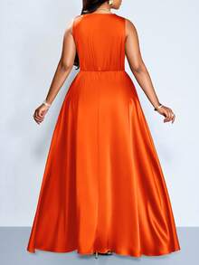 SOLERSUN Plus Size Women's Elegant Party Dress For Women, Suitable For Important Occasions Such As Birthday Parties, Graduation Season, Afternoon Tea, Thanksgiving, And Wedding Season. Features Include A Draped Neckline, Sleeveless Design, High Waist, A-Line Silhouette, And Extra-Long Length. Made From Satin/Silk-Like Material, Perfect For Summer. - Orange - View 6