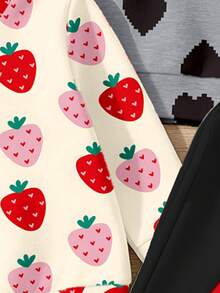 (2 Set) Conjunto de sudadera de cuello redondo y leggings para niñas pequeñas en otoño/invierno, estilo casual fresco y cómodo, con patrón de fresa y corazón en rojo, rosa, gris y negro, rojo y negro - Multicolor - Ver 6