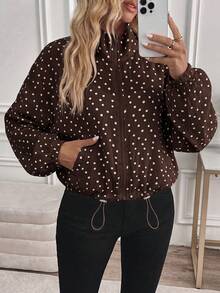 SHEIN LUNE 女款波點圖案前拉鍊抽繩下擺休閒運動衫 - 棕色 - 查看 1