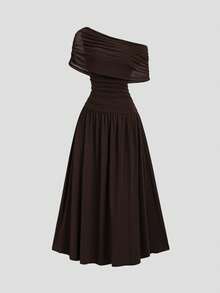 Sweetra Women's Elegant High-End Fashion Brown Mesh & Comfortable Milk Silk Long Asymmetrical Shoulder Dress - Coffee Brown - View 1