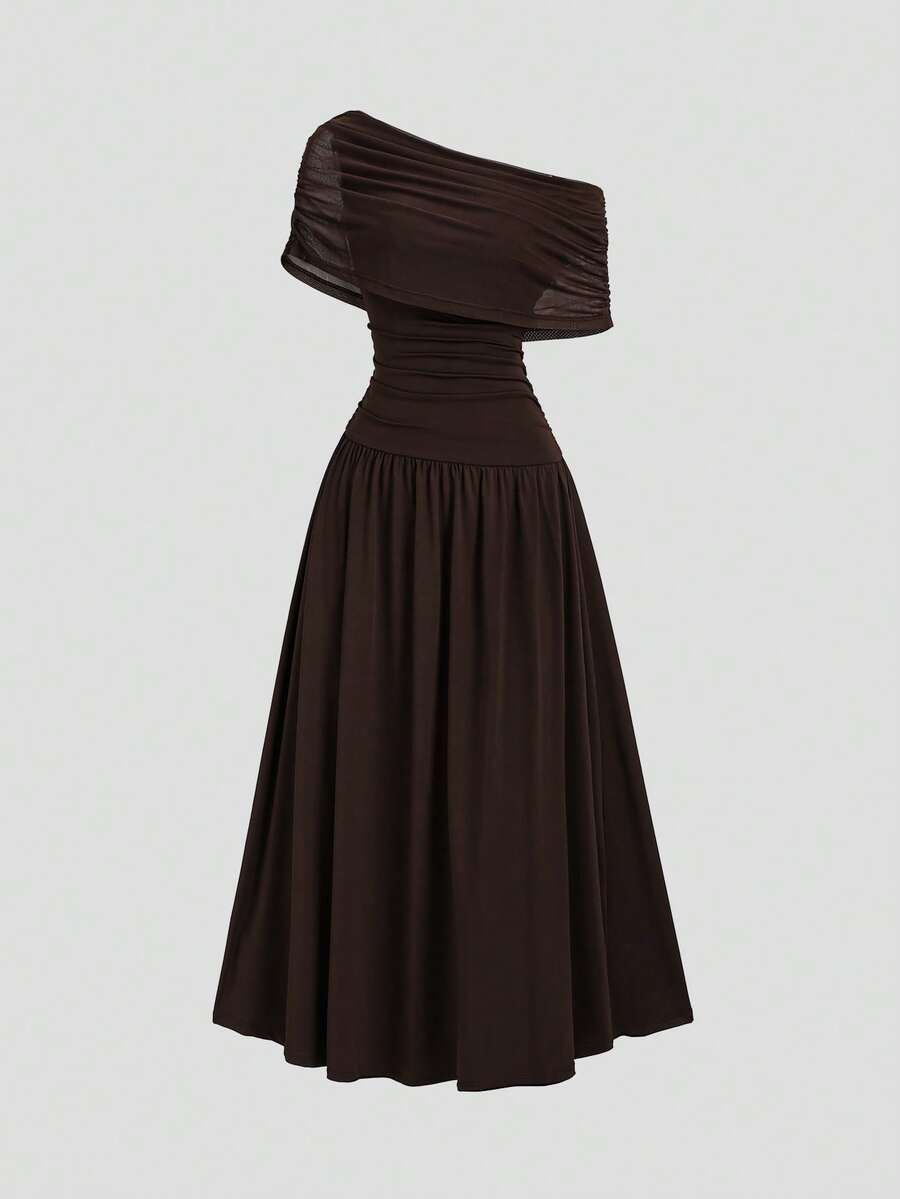 Sweetra Women's Elegant High-End Fashion Brown Mesh & Comfortable Milk Silk Long Asymmetrical Shoulder Dress - Coffee Brown - View 1