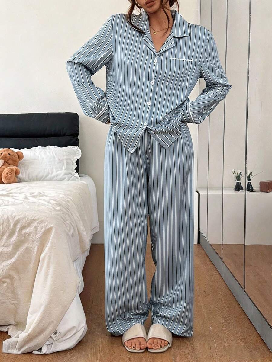 Napfluff Set Pakaian Santai Lengan Panjang Berkerah dengan Hiasan Renda Garis-Garis Halus Biru & Putih Segar - Dusty Blue - View 1