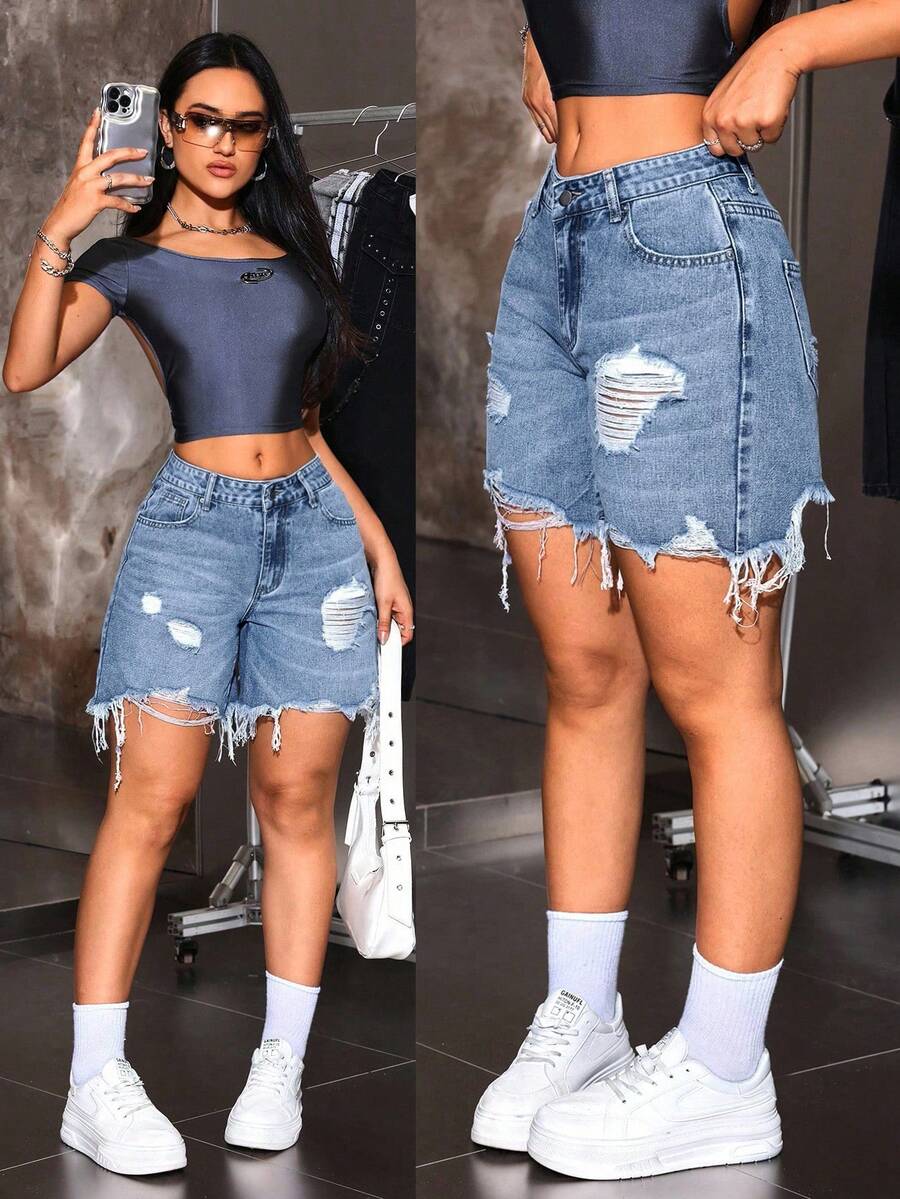 SHEIN ICON 女款休閒破洞毛邊牛仔短褲,附口袋 - 藍色 - 查看 1