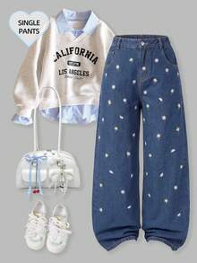 Tween Girl Denim Summer Jeans, Washed Distressed Vintage Style, Sweet Floral Embroidery Design Straight Leg Wide Leg Denim Pants - Light Wash - View 1