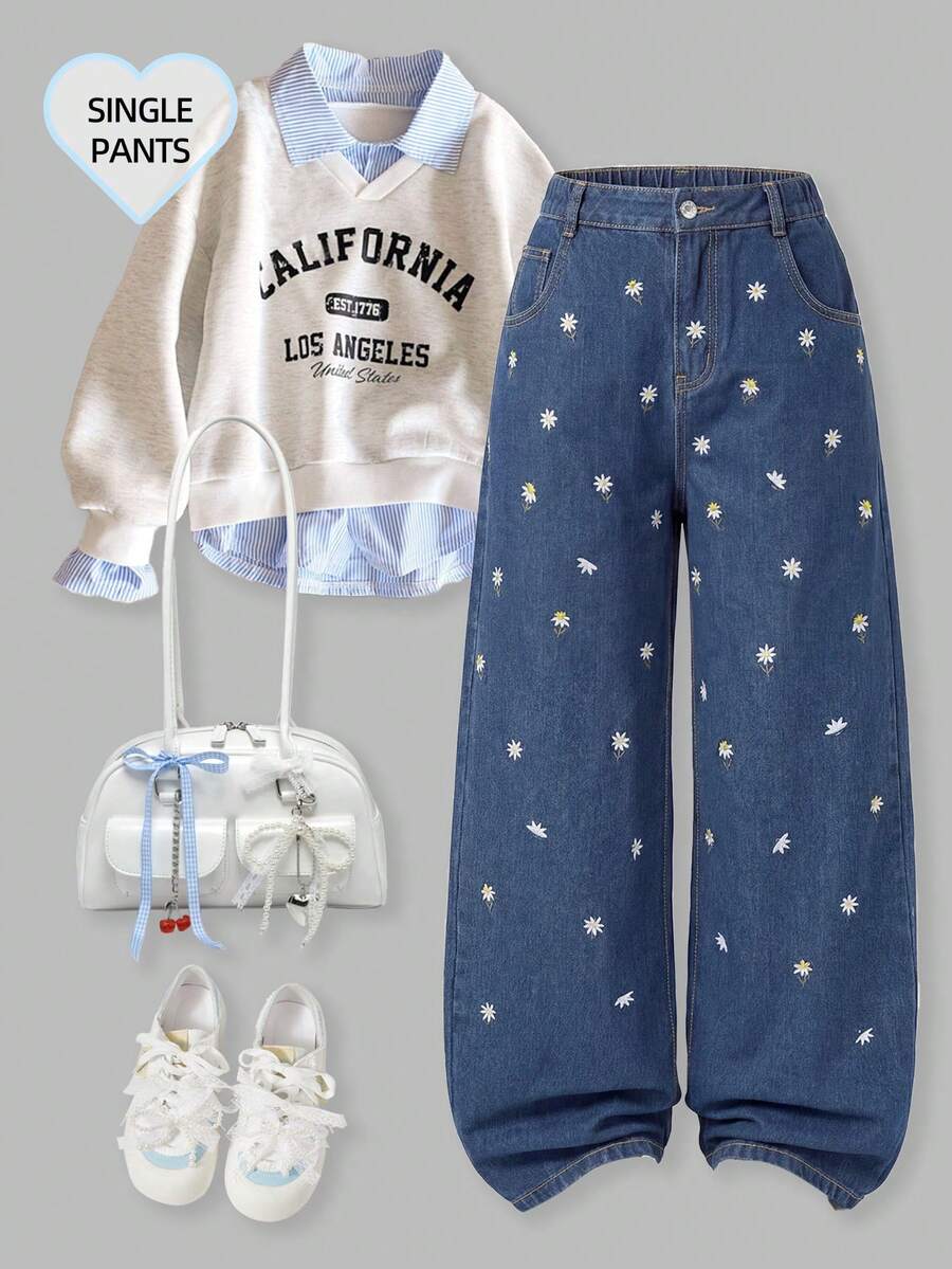 Tween Girl Denim Summer Jeans, Washed Distressed Vintage Style, Sweet Floral Embroidery Design Straight Leg Wide Leg Denim Pants - Light Wash - View 1