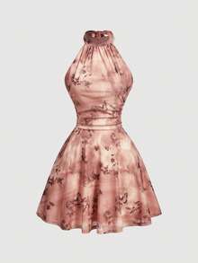 SHEIN MOD 女款蝴蝶印花百褶掛脖迷你洋裝 - 棕色 - 查看 1