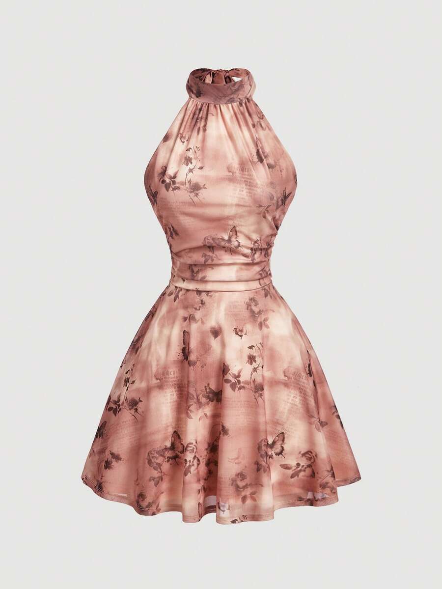 SHEIN MOD 女款蝴蝶印花百褶掛脖迷你洋裝 - 棕色 - 查看 1