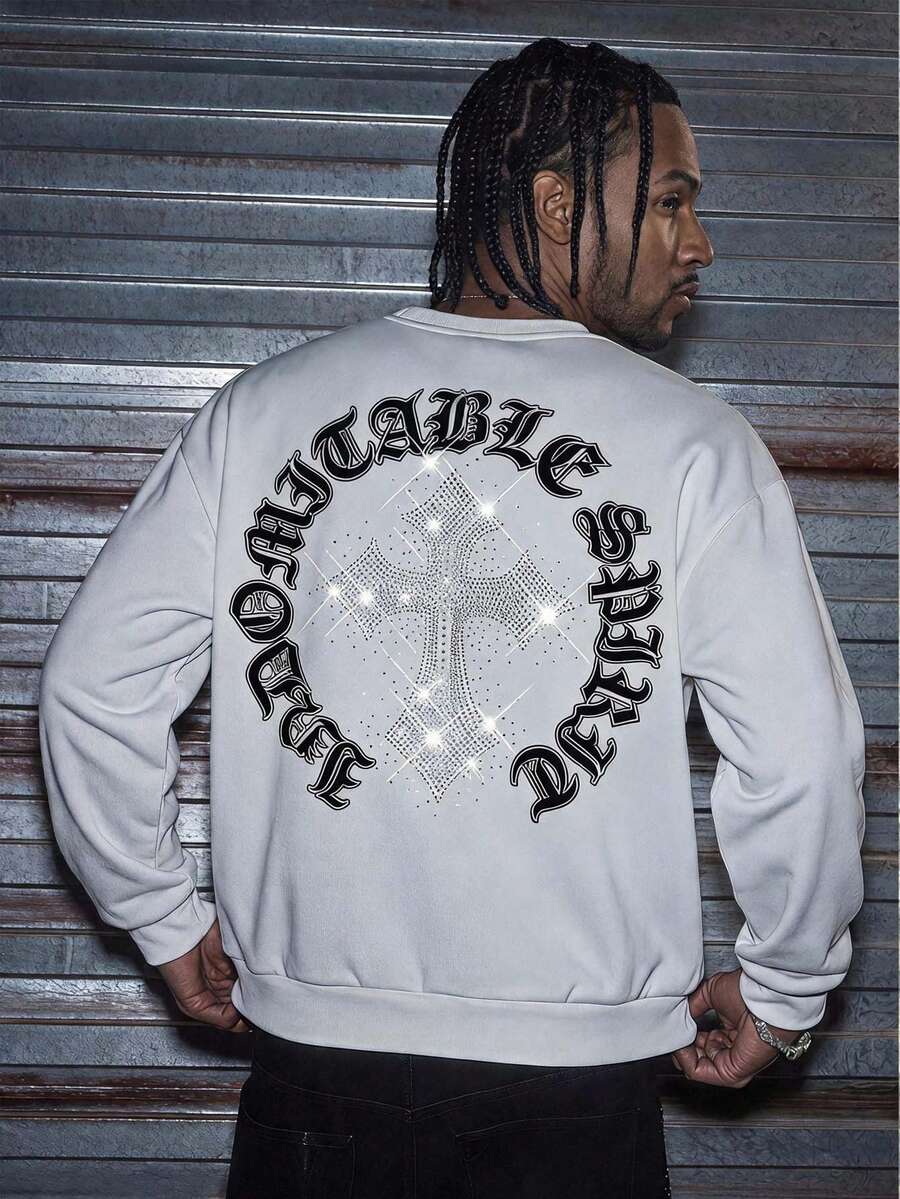 AXEPEAK Men's Letter Print Cross Rhinestone Pullover Sweatshirt - White - View 1