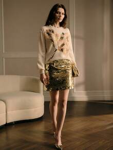 MOTF SEQUIN BEADED FLORAL PATTERN SWEATER - Apricot - View 2