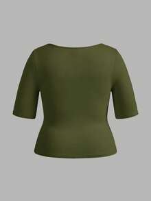 SHEIN BASICS 3pcs Casual Solid Color Knit Square Neck Short Sleeve Slim Fit Plus Size T-Shirts - Multicolor - View 10