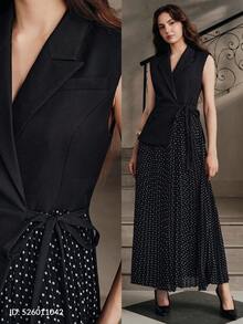 Anewsta Urban Modern Women's New Design Sleeve Vest Blazer Jacket With Patchwork Vintage Black & White Polka Dot Print, Pleated Hem, Cinched Waist, Tie Bow, Open Front, Long Dress - Black and White - View 8