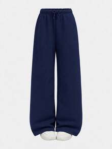 SHEIN Tween Girl Tween Girls Autumn And Winter Plus Velvet Thickened Simple Drawstring Loose Sports Straight Pants - Navy Blue - View 5