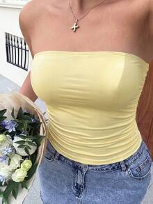 GalTyme Top bandeau de color amarillo pálido con volantes para mujer de talla grande - amarillo ganso - Ver 7