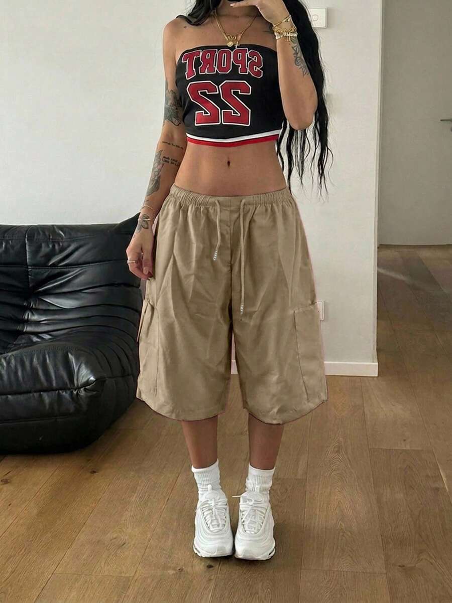StreetHx 女款休閒 Alt Basics 夏季純色工裝口袋抽繩短褲 度假派對卡其色 - 摩卡棕 - 查看 1