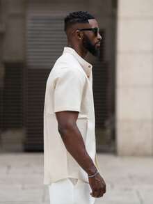 thenoahjr thenoahjr Solid Color Weave Short-Sleeve Shirt With Pocket And Front Buttons - Apricot - View 4