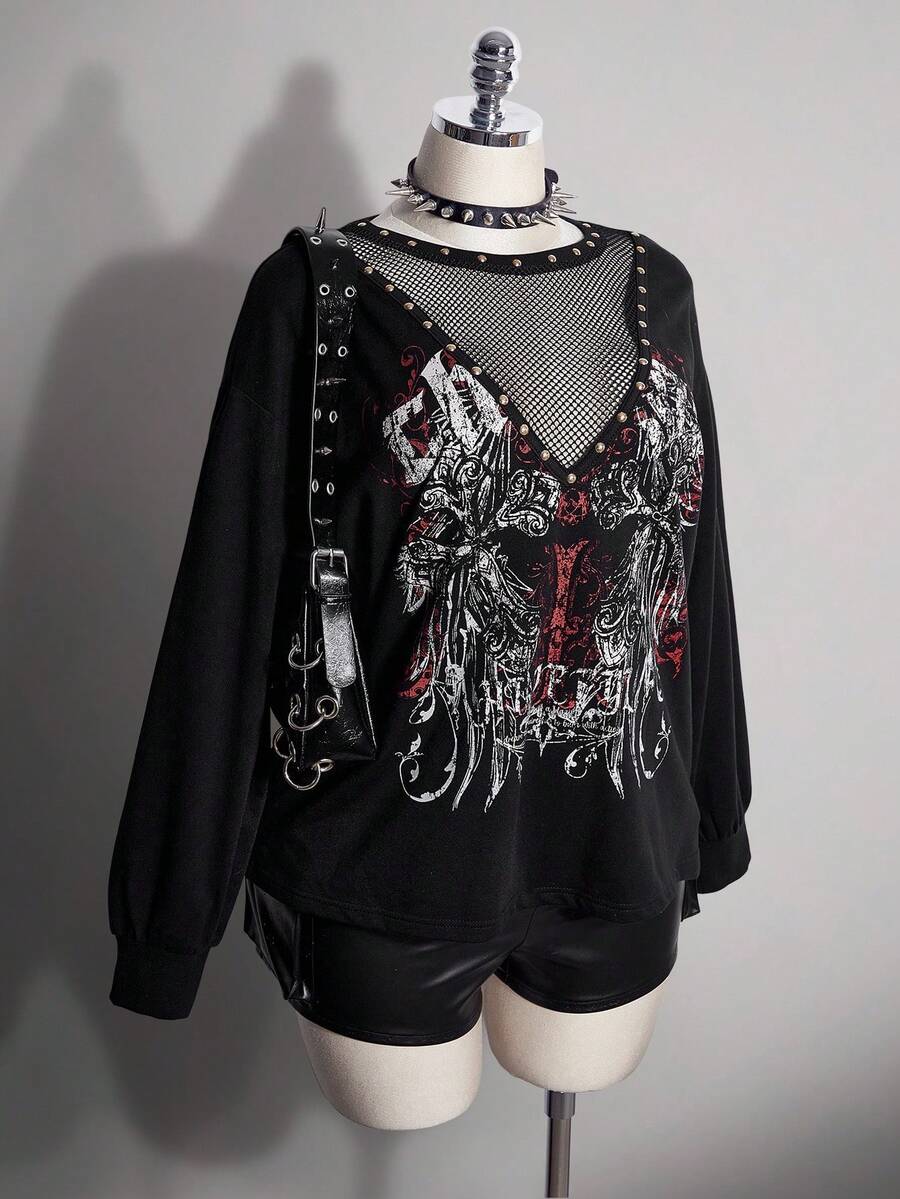 SHEIN ICON 大尺碼 Y2K 哥德風優雅復古龐克印花網布拼接鉚釘休閒衛衣,黑色,適合萬聖節、秋季、夜店派對 - 黑色 - 查看 1