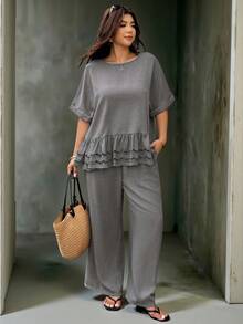 Ceyna Plus Size Women's Casual Vacation Spring/Summer Vintage Minimalist Conservative Distressed Round Neck Raglan Sleeve Cuffed Loose Patchwork Embroidered Lace Short Sleeve Mid-Waist Elastic Straight Wide Leg Slimming 2-Piece Set - Dark Grey - View 3