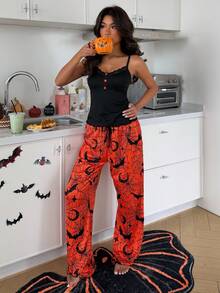 ZzzCrew Set Camisole dan Celana Panjang Slim Fit Motif Kelelawar & Laba-laba Halloween untuk Wanita - Hitam - View 1
