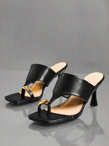 SHUZIA Women's Toe Ring Thick Band Thong Heeled Sandals - Black - View 7