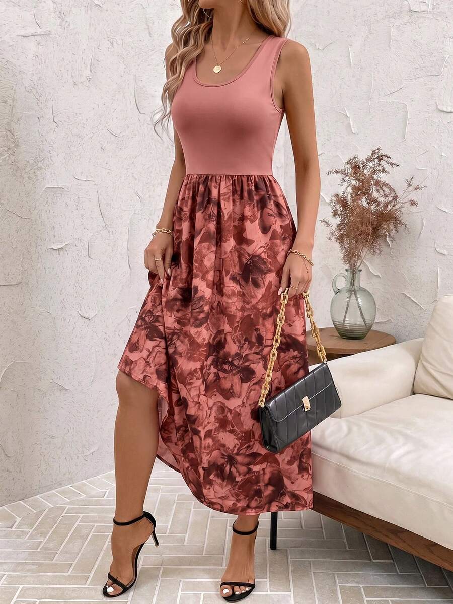 SHEIN Clasi 女款休閒度假花卉印花拼接中長洋裝 - 彩色 - 查看 1