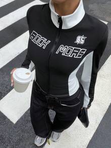 Livesso Sweatshirt Lengan Panjang Kasual Wanita dengan Motif Huruf untuk Sehari-hari - Hitam - View 3