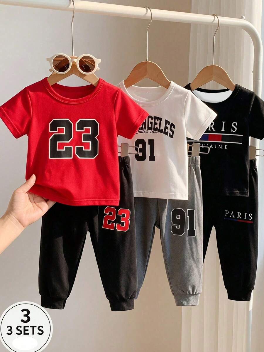 SHEIN Playful Pals 6件組男嬰幼兒夏季套裝，紅白、黑白、黑紅，字母印花短袖T恤與長褲套裝，度假風