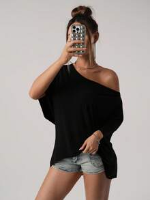 SHEIN ICON 美式街頭休閒寬鬆版型不對稱肩領純黑色T恤 - 黑色 - 查看 3