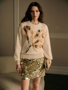 MOTF SEQUIN BEADED FLORAL PATTERN SWEATER - Apricot - View 7