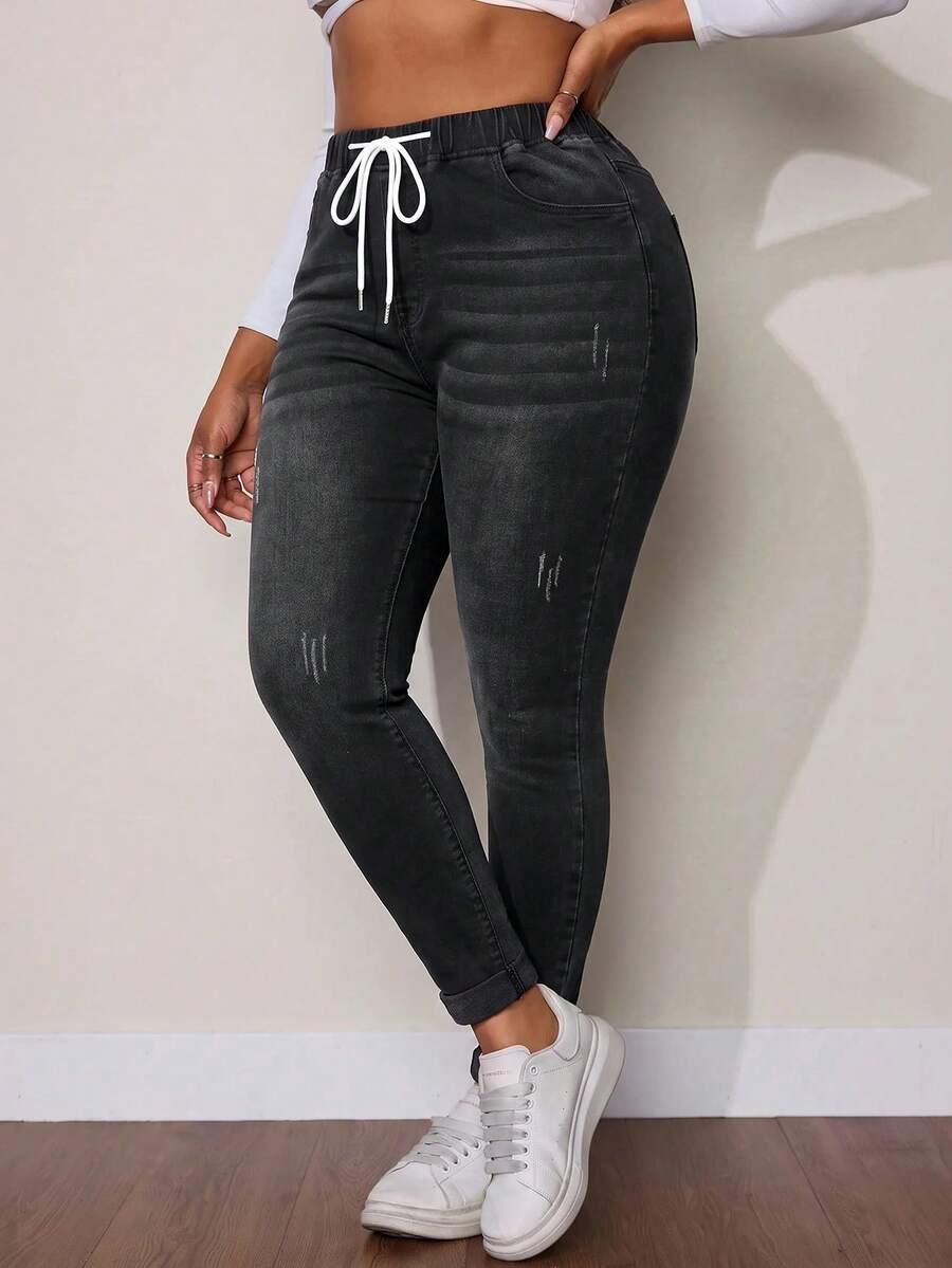 Slaydiva Plus Size Casual Washed Drawstring Waist Slim Fit Jeans - Black - View 1
