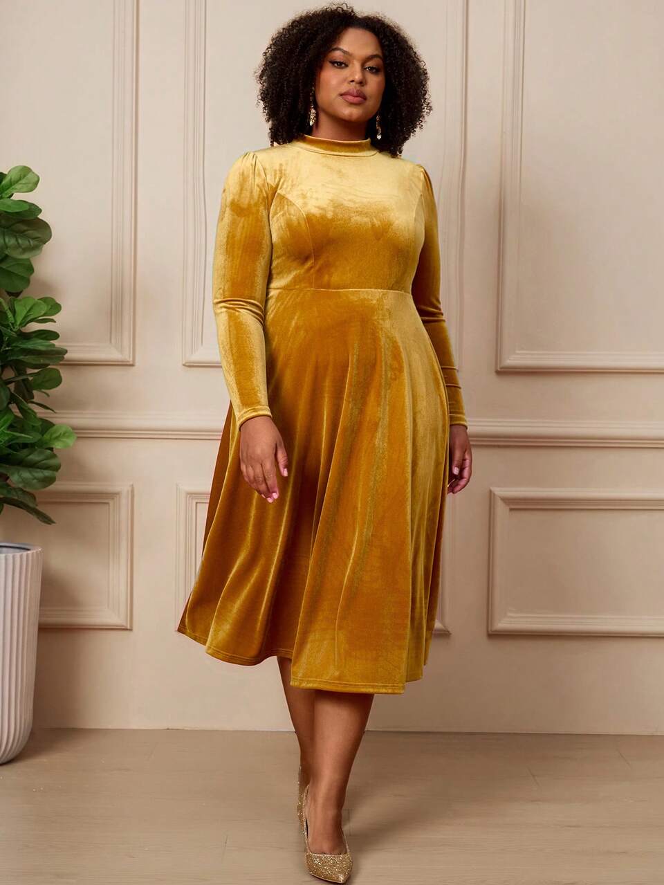 Plus Size Women's Autumn/Winter Casual Elegant Fashion Party Stand Collar Velvet Gold Yellow Dress,Suitable Wedding, Friends Gathering,Christmas,Fall