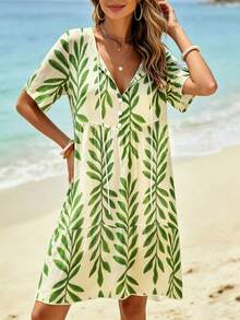 EMERY ROSE Women's Plus Size Tie Neck Green Leaf Print Dress, Vacation Style Beach Wear, Suitable For Holidays And Outdoor Activities - Multicolor - View 3