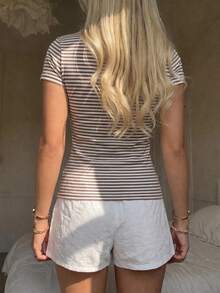 CovetEZ Casual Minimalist Sexy Open Shoulder Brown Striped Short Sleeve T-Shirt, Suitable For Spring And Summer, Spring And Summer Outfit Matching, Brown Stripes Make You Look Fairer - Multicolor - View 2