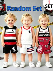 Baby Boys Random Speed Racing Striped Colorblock Horse Print Crew Neck Sleeveless Tank Top And Shorts 2pcs Set Summer Sports Outfits - Multicolor - View 3