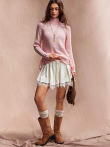 Willow Rêve Women's Baby Pink Rib-Knit Long Sweater Top With Turtleneck, Long Sleeves And Ribbon Side Ties, Cute Autumn Everyday Date Night Style,Cute Tops - Baby Pink - View 3