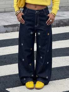 Livesso High Waist Star Embroidered Loose Wide Leg Street Style Dark Blue Women's Jeans Fall - Dark Wash - View 4