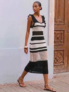 Maija Women's Colorblock Striped Hollow Knit Dress - Black and White - View 1