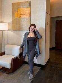 Vibekara Plus Size Casual Baggy Loose Shawl Thin Jacket Autumn Club Party Grey - Dark Grey - View 5