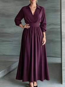 Weeklong Women's Plus Size Spring/Autumn Single Piece Lapel V-Neck Wrap Waist Flared Long Skirt High Cinched Waist Commuter Style Travel Shirt Dress Fall - Burgundy - View 5