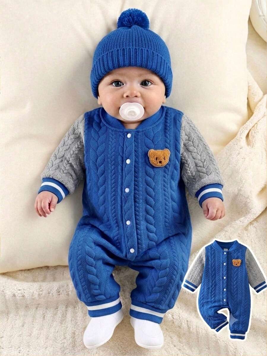 SHEIN 新生兒中性嬰兒 0-3歲 淺藍色前扣長袖連身衣 可愛藍白條紋 - 藍色 - 查看 1
