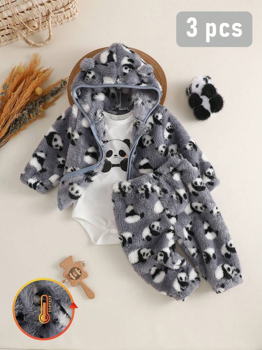 SHEIN Vintaside Kids Cute Panda Double-Sided Plush 3 PiecesSet For Baby Boys - Grey - View 1