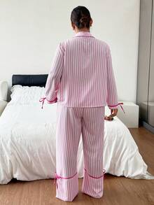 Napfluff CURVE Napfluff CURVE Sweet Fresh Pink & White Striped Colorblock Bow Plus Size 2 Pieces Pajama Set - Pink - View 2