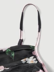 SHEIN MOD 黑色底粉色花卉印花抓皺中長洋裝 - 彩色 - 查看 3