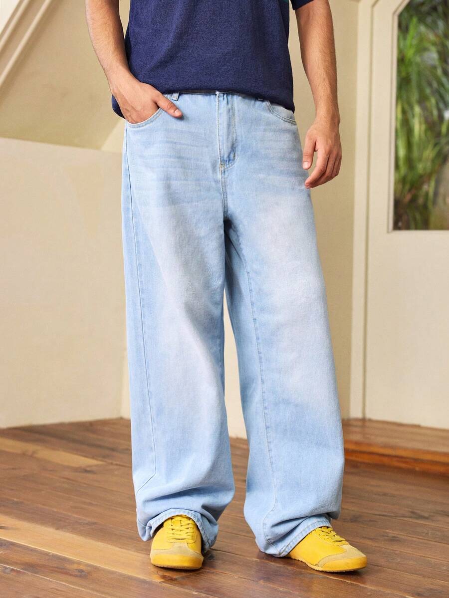 Whitmere Men's Y2K Solid Color Washed Denim Long Pants, Straight Leg Casual Loose Wide Leg Pants - Blue - View 1