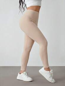 SHEIN PETITE 女款純色高腰休閒百搭內搭褲 - 駝色 - 查看 4
