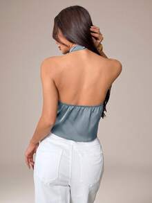 SHEIN PETITE Blus Wanita Seksi Tanpa Punggung dengan Leher Halter, Elegan untuk Pesta, Perjalanan, dan Liburan, Musim Panas - Dusty Blue - View 4