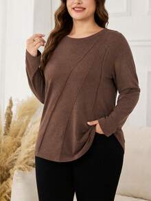 Lacomfia Autumn/Winter Elegant Round Neck Pullover Knit Textured Striped Plus Size Women's Long Sleeve T-Shirt - Brown - View 1